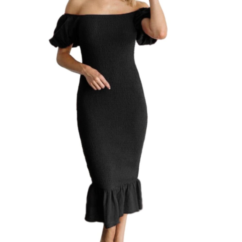 NWT L BerryGo Women's Smocked Bodycon Off Shoulder Puff Short Sleeve Mermaid